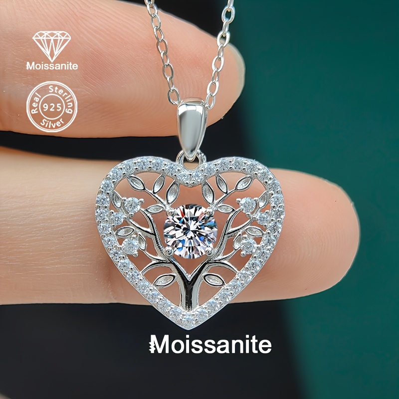 Women's 925 Silver Moissanite Hollow Heart Pendant Necklace