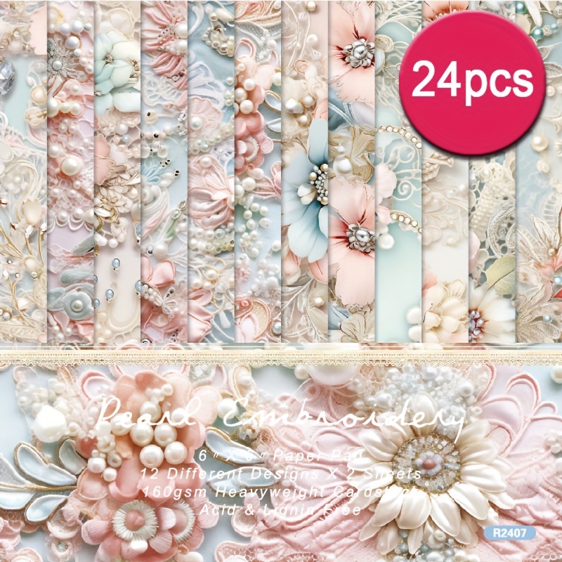 

24pcs Pearl White Embroidery Aesthetic Scrapbook Paper Single-sided Scrapbook Decoupage Paper Pad For Diy Crafts Journaling Scrapbook Supplies Gift Wrapping Album Art Decorative Craft Paper 6x6inch