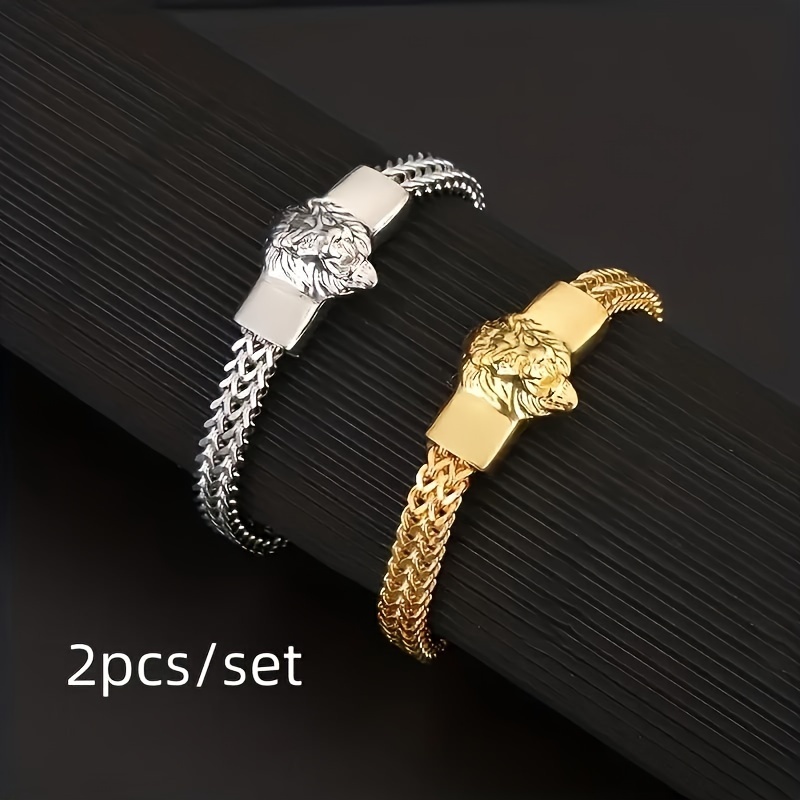 

2-piece Set/fashionable And Domineering Personality Lion Head Animal Bracelet Stainless Steel Braided Chain Wristband Bracelet For Men And Women Motorcycle Punk Cool Jewelry