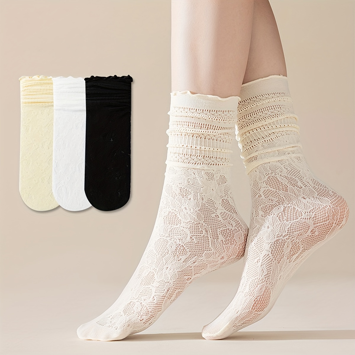 Image of 3-pair Spring/summer/autumn Women's Comfortable Breathable Hollow-out Small Floral Ruffle Thigh-high Slouch Socks