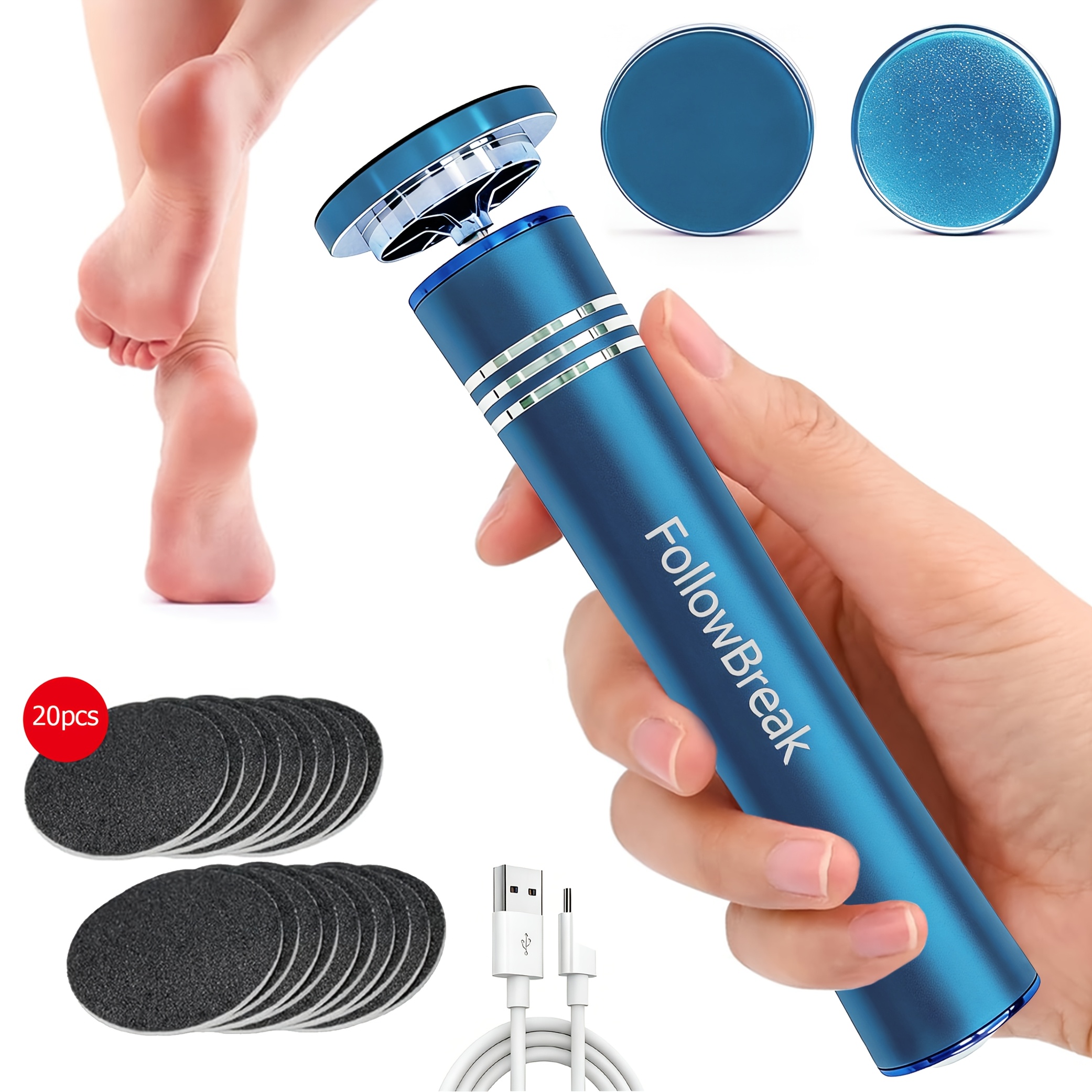 TEMU Followbreak Handheld Electric Foot File, 2-speed Dead Skin Exfoliator, 1200mah Large Capacity Battery - Long-lasting, 2pcs Replacement Heads And