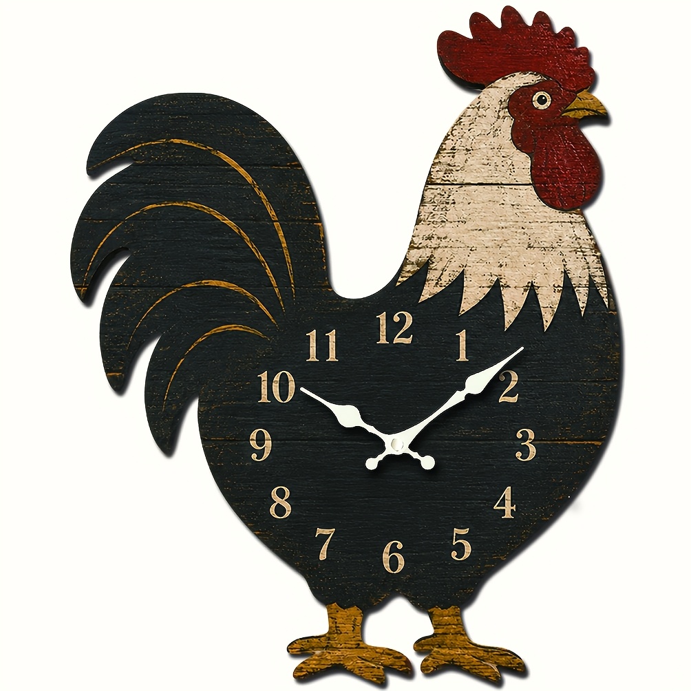 TEMU 1 Rooster-shaped Wall Clock, Black And Golden Vintage Farm Animal Pattern Clock, Rustic Farmhouse Kitchen Dining Room Wall Decor Silent Quartz