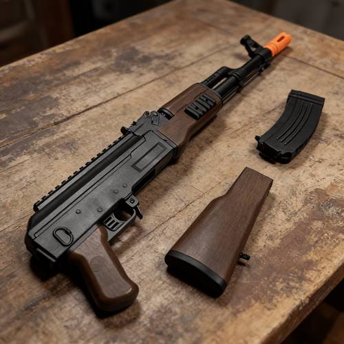 ak47 childrens toy gun main body with stock 16 shell casings 50 tips and cap 7pcs set made of thickened abs material features shell ejection design 71cm in length semi automatic cocking