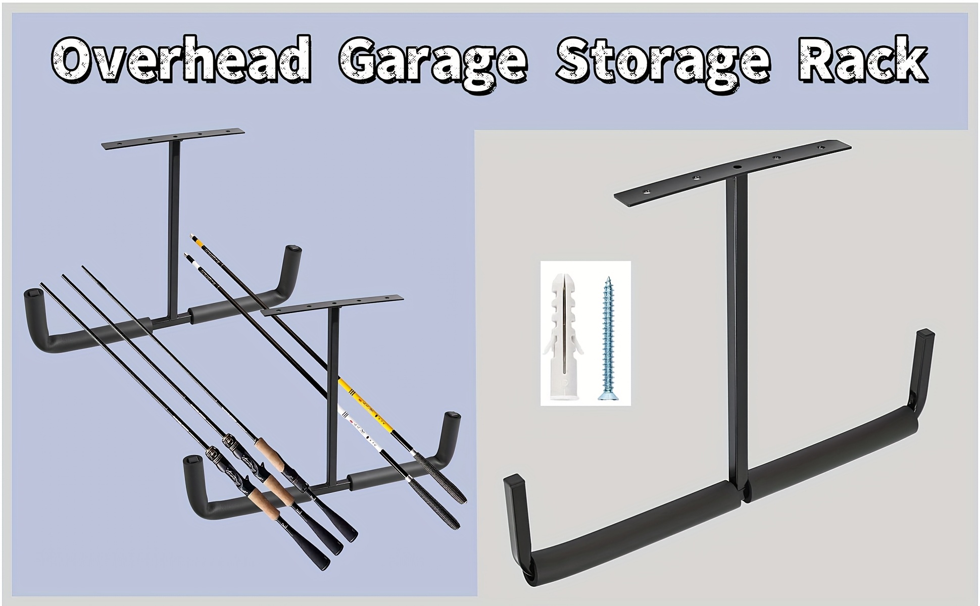 Industrial Heavy-Duty Ceiling Mounted Garage Utility Hook Rack, Powder Coated Metal with Easy Installation for Wood, Bicycle, and Tool Storage - Includes Mounting Hardware, Ceiling Mount|Sleek Metal Rack|Metal Construction, Garage Storage