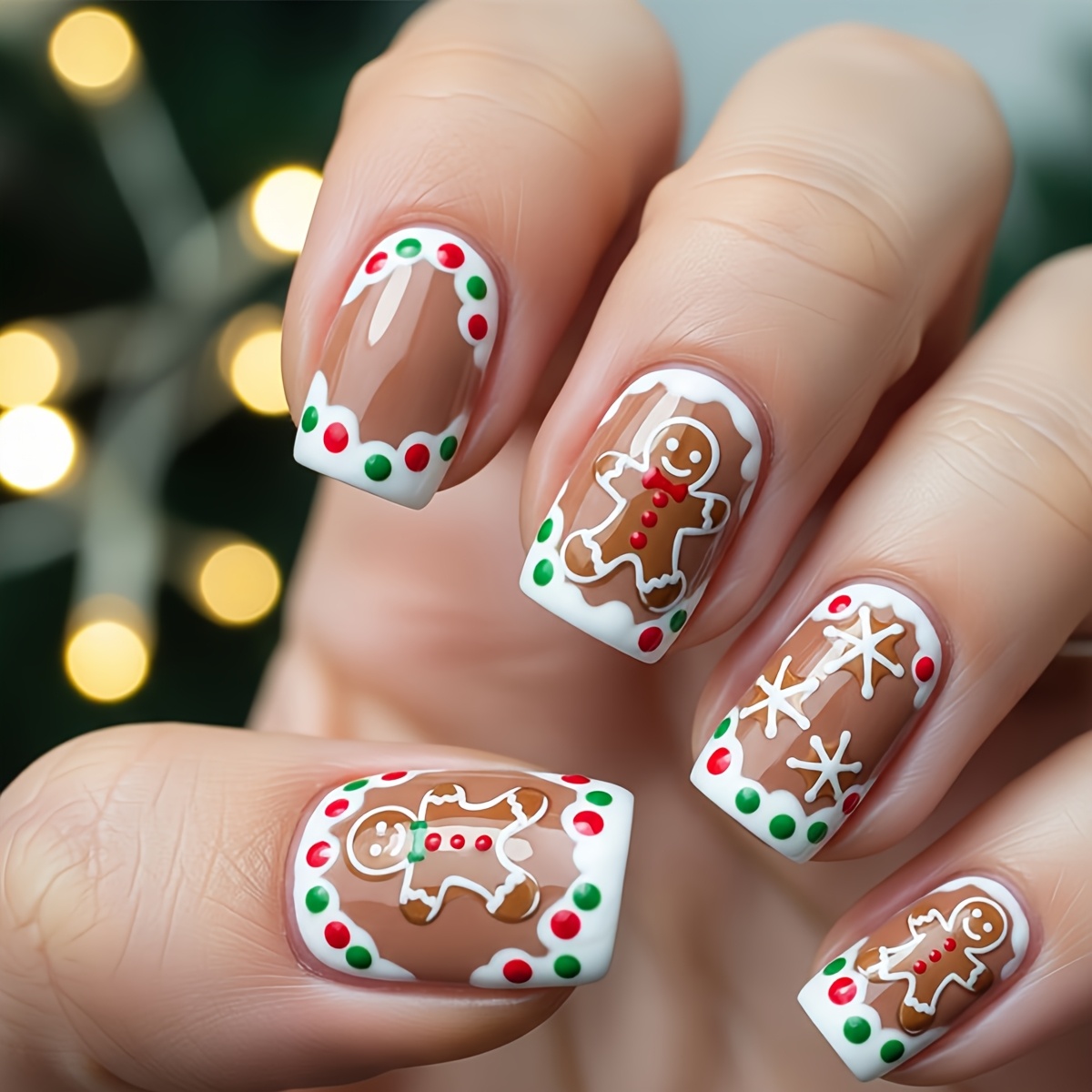 TEMU 24pcs Christmas Nail Medium Square Colored Polka Dot French Gingerbread Man Snowflake Picture Printed Design Glossy Full Coverage Press-on False