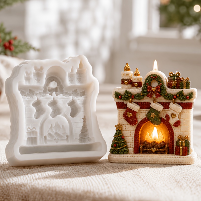 TEMU Candle Molds 3d Christmas Fireplace Silicone Mold, Holiday Stocking And Gift Decoration Ornament Mold For Resin Casting, Wax, Soy Wax Candles,