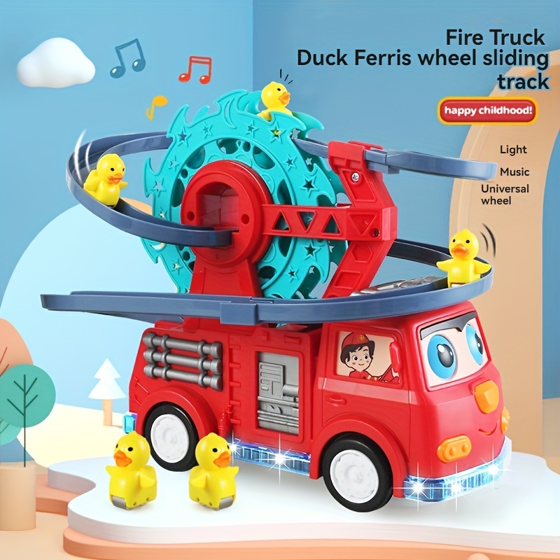 interactive toy set duck wheel fire truck with sliding track lights music educational gift for boys and girls details 1