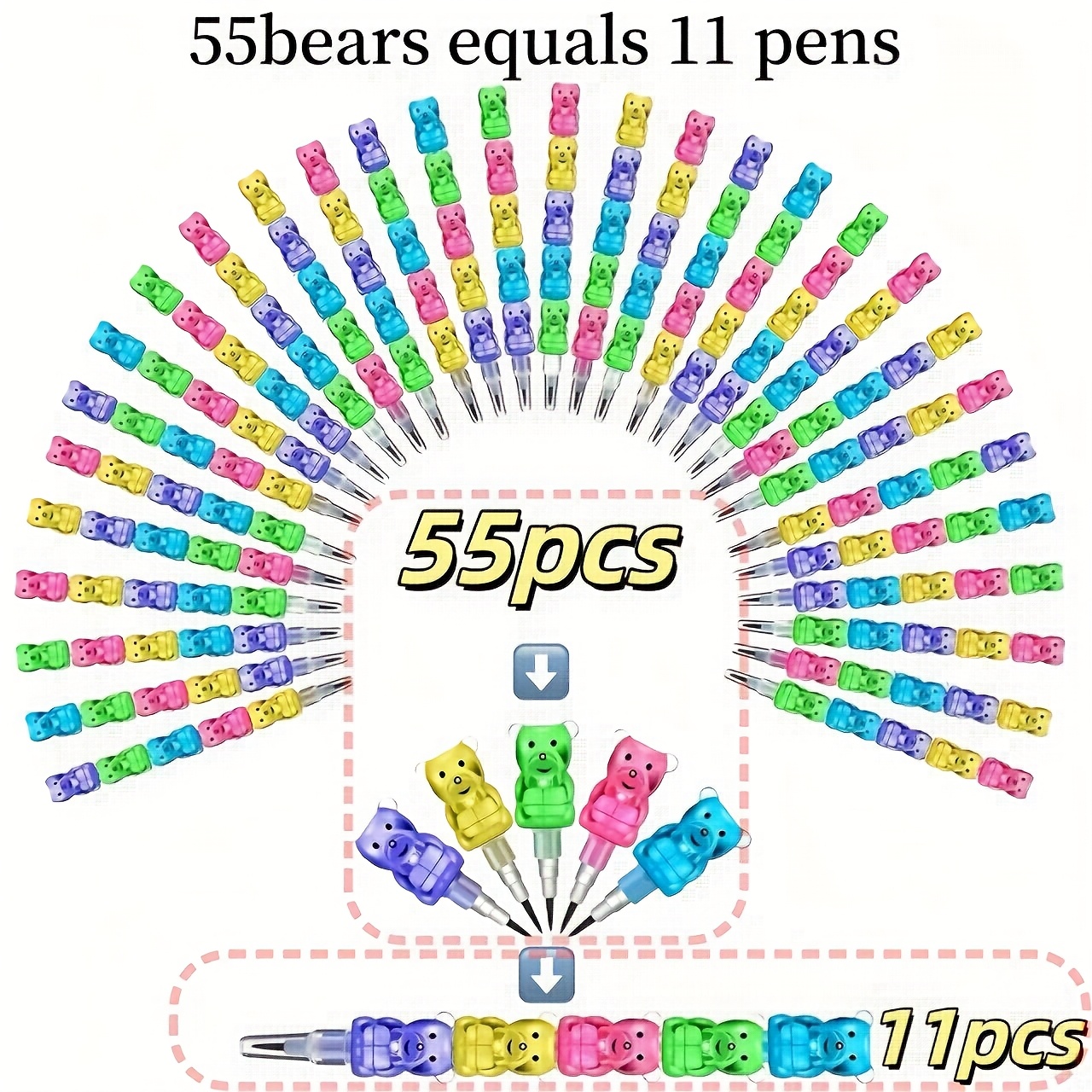 TEMU 55 pièces, (11 Stylos, Set de Crayons Empilables - Crayons Plastiques Colorés HB pour Fêtes et Fournitures Scolaires - Crayons Multi- Taille