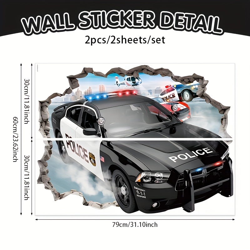 Image of 2pcs/ Set 3d Police Car Wall Stickers, Car Vehicle Wall Decals, Wall Decorations, Helicopter Rescue Vehicle Racing, Movable Vinyl Stickers, Wall Art