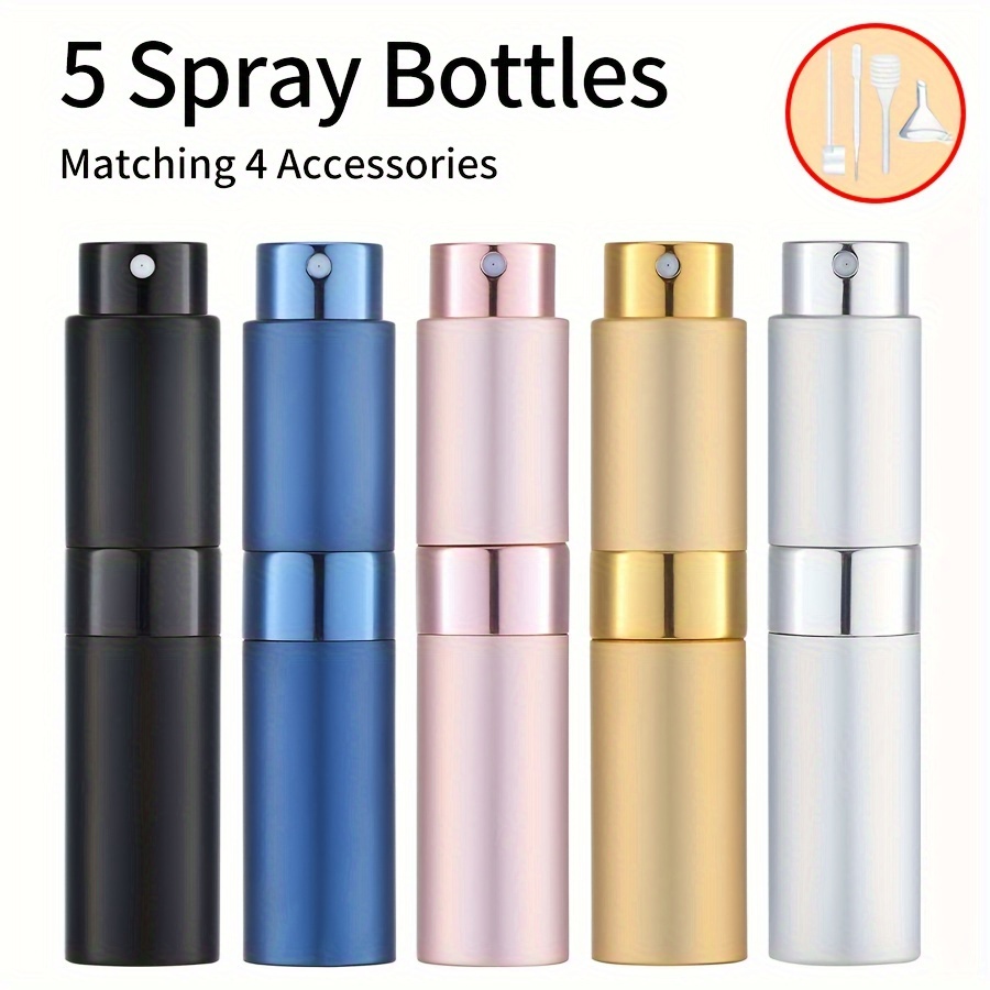 

5pcs+4 Accessories Travel Perfume Atomizer Refillable 8ml, Including 5 Spray Bottles, 1 Funnel, 1 Straw, 1 Dispensing Tool, 1 Spring Straw, Travel Cologne Spray Mini (5 Colors)