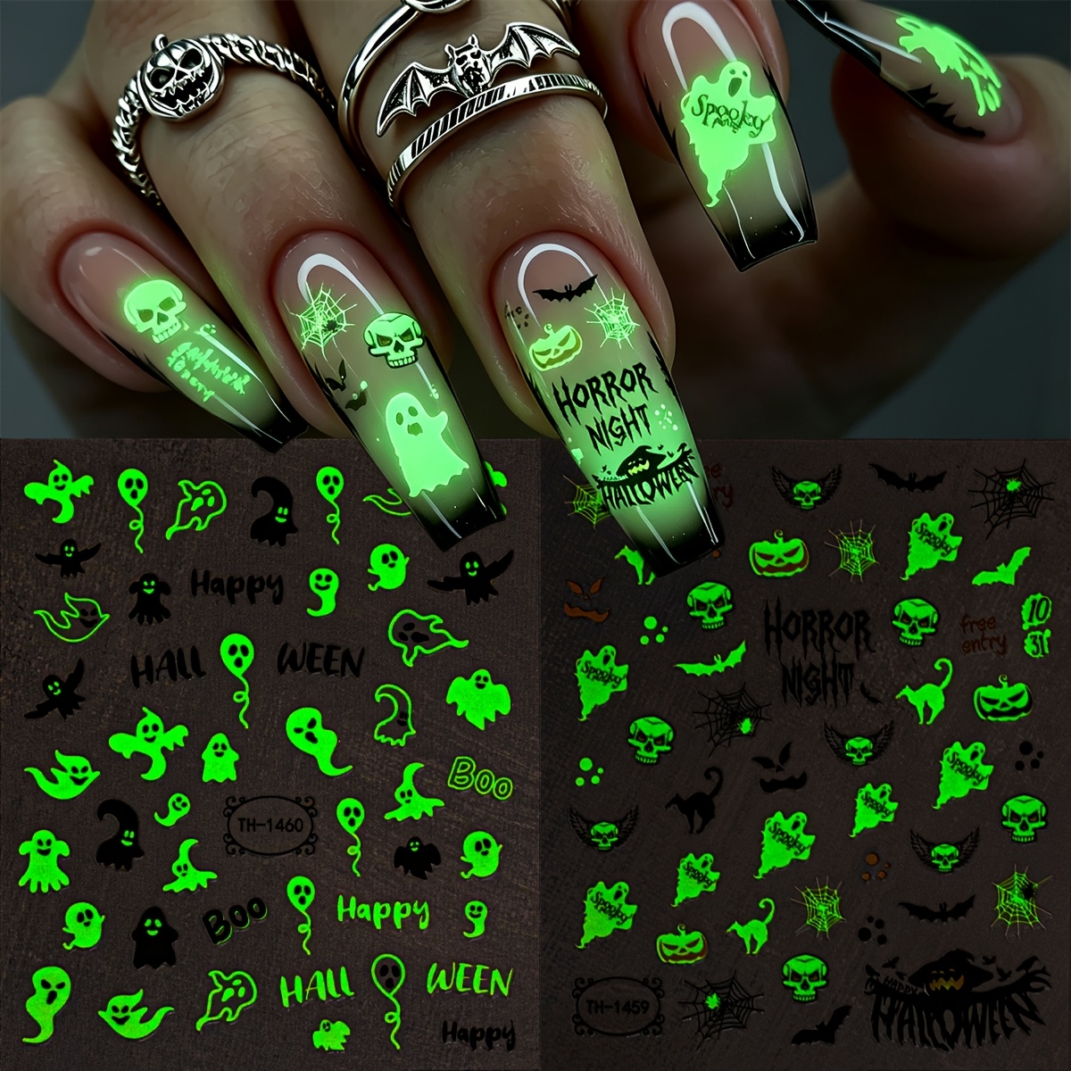 Image of 2pcs Halloween Stickers, Cartoon , , And Pumpkins Gothic Self-adhesive Nail Decals, Perfect For Women's Halloween Parties And Cosplay Diy Nail Art