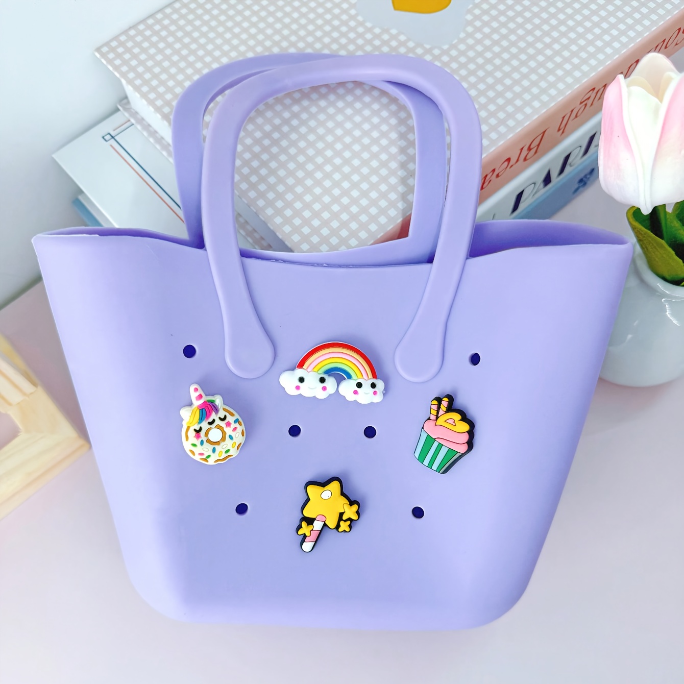 TEMU 1pc Solid Color Silicone Material And 4pcs Cartoon Additions Matching Double Handle Handbag, Beach Bag, Bathroom Storage Bag, Evening Party Bag,