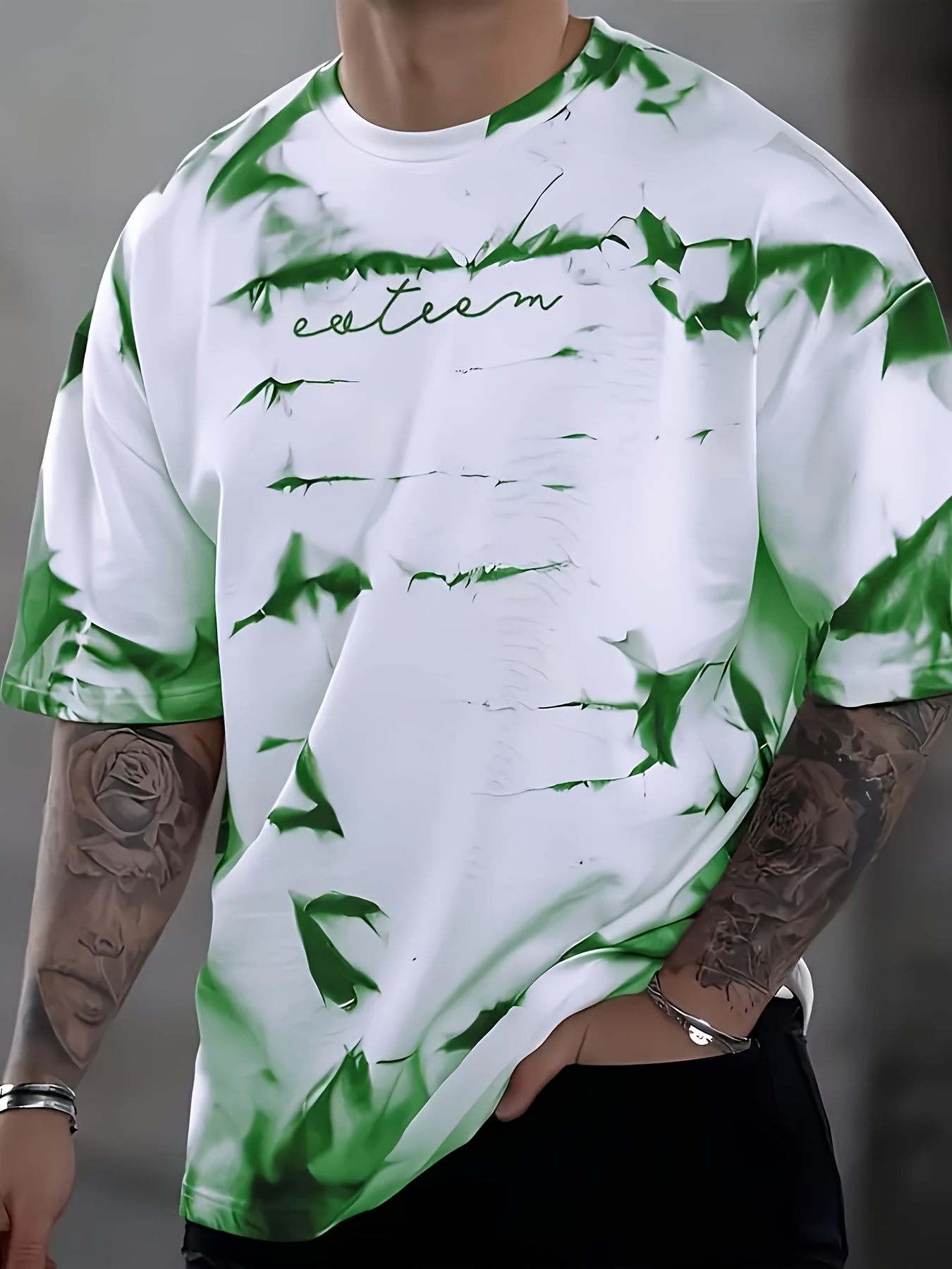 Men's Casual Short Sleeve T-Shirt - Gradient Ink Splatter & Bird Pattern Design, Green & White Opaque Polyester Blend Knit Fabric, Breathable Round Neck Tee for Spring/Summer Daily Wear & Vacation, Leisure Apparel, Relaxed Fit Shirt, Opaque Material, PLUS SIZE
