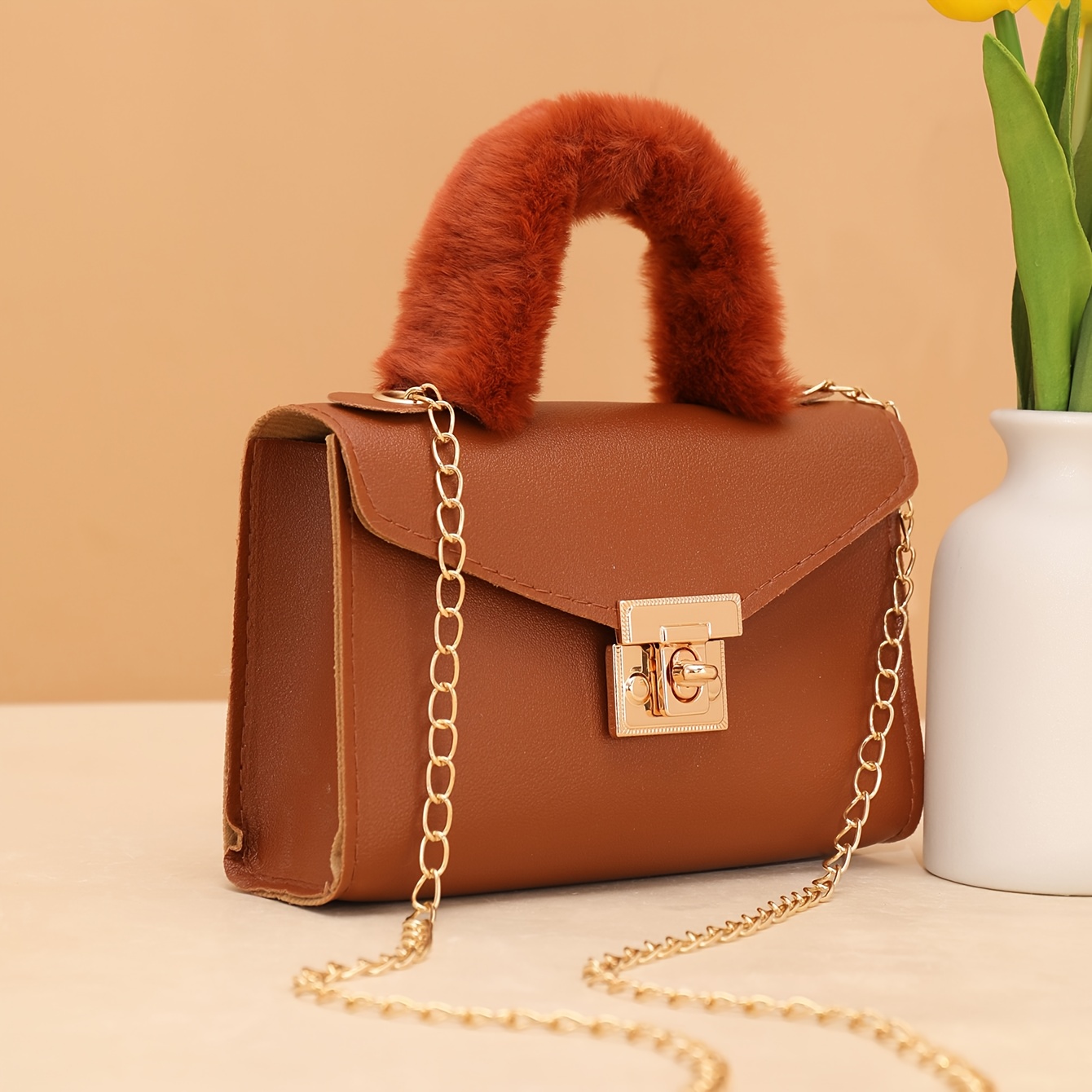 Bolsa Transversal de Corrente de Pelúcia Macia da Moda de Outono e Inverno