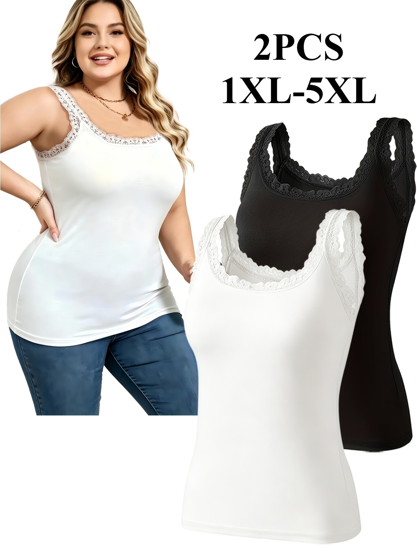 immagine dell'articolo canotta a canottiera da donna taglie forti con bordo in pizzo, 2 pezzi, taglie disponibili   1xl alla 5xl, combinazione multicolore, nuovo stile estivo, traspirante,   ed elasticizzata, elegante e versatile