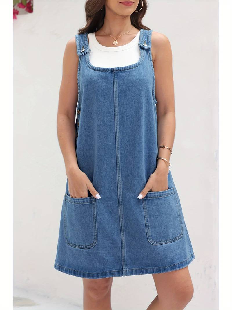 Overall Dress Women'S Denim Dress Sleeveless Button Down Casual