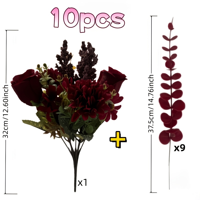 TEMU 10pcs Burgundy Vintage Faux Floral Arrangement Set, Includes 1pc Burgundy Rose Dahlia Mixed Bouquet And 9pcs Eucalyptus Branches, Warm And ,