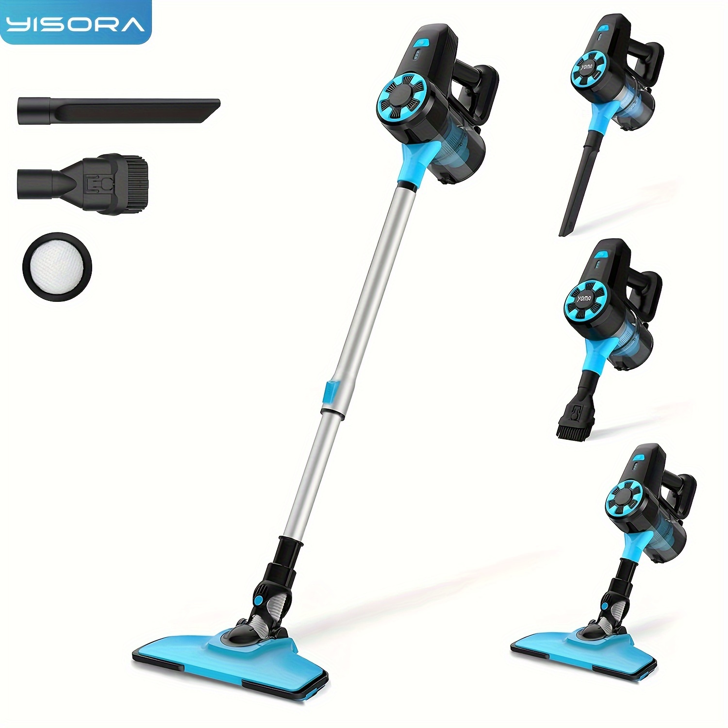 

YISORA N3 Aspirateur fil, aspirateur balai léger 6 en 1 avec batterie 2200 MAh, aspirateur rechargeable puissant, maximale de , pour les sols en bois dur, les tapis et les poils d'animaux.