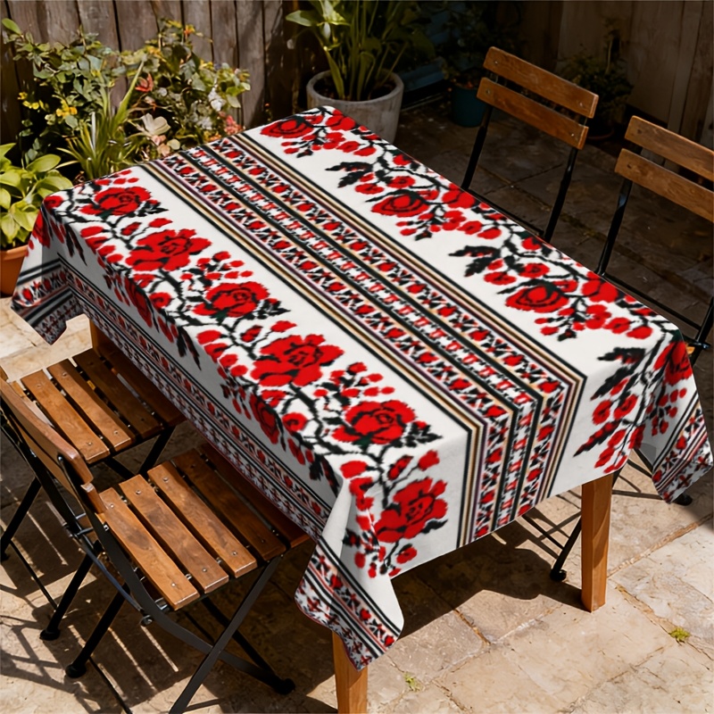TEMU 1pc Red And Black Floral Embroidered Tablecloth - Suitable For Dining Table/coffee Table/desk/coffee Table, Picnic/outdoor Party/holiday