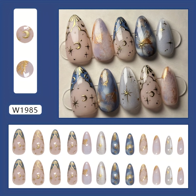 TEMU 3d Starry Night & Press-on Nails - French , Almond Shape, Medium Length, Blue & Purple Glossy Press-on Nails For Women, Cute Nails, Diy Nail Art, Elegant , Easy Application
