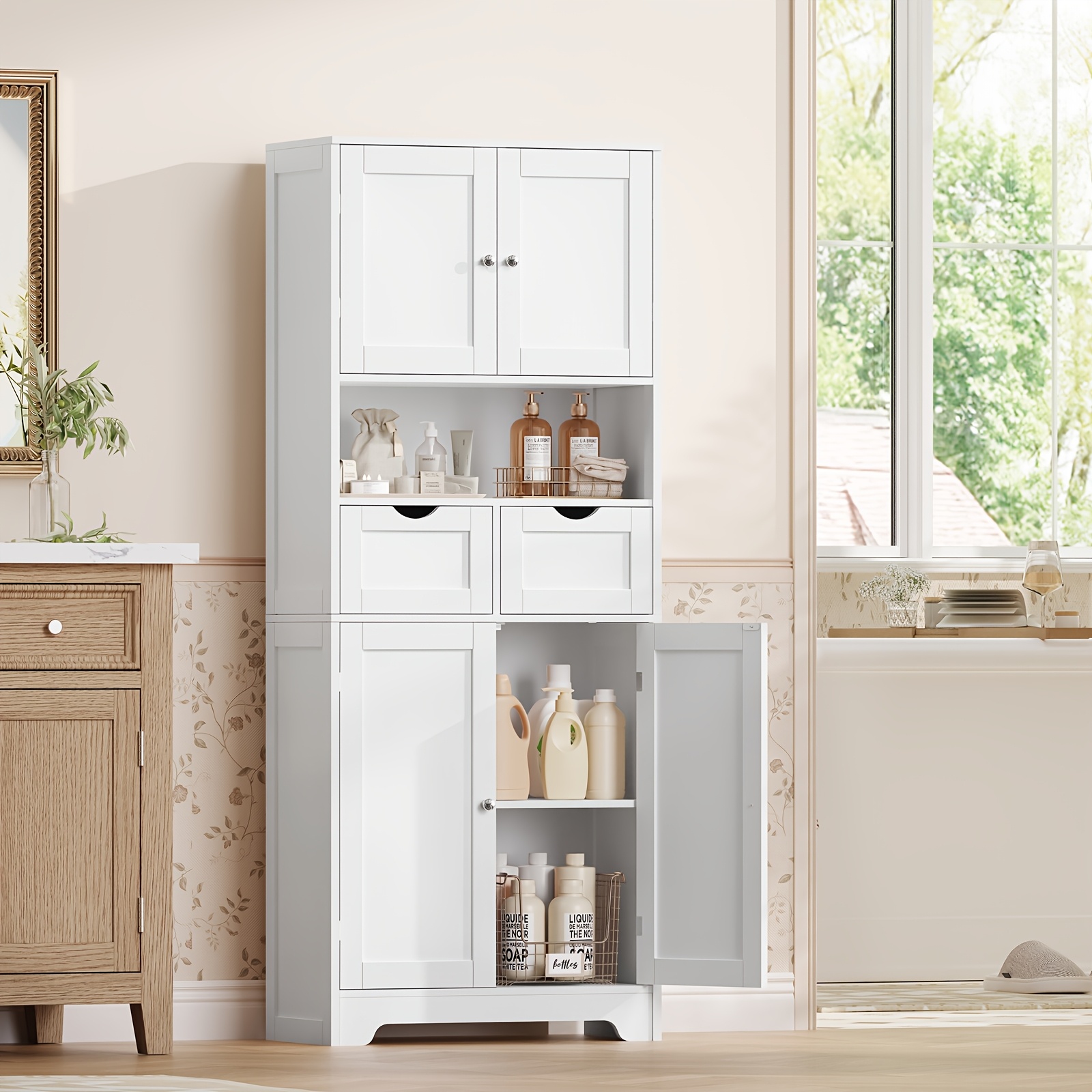 57.8" H Tall Storage Cabinet With 2 Drawers & 2 Adjustable Shelves, Floor Cabinet With , Tall Cabinet For Living Room, Dining Room, Entryway