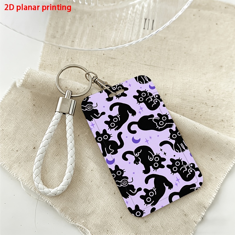 TEMU 2d 2d Purple Black Cat Silhouette Id Card Holder And Lanyard,plastic Card Protection Case.for Doctors, Nurses, Student Office Employees Id Card