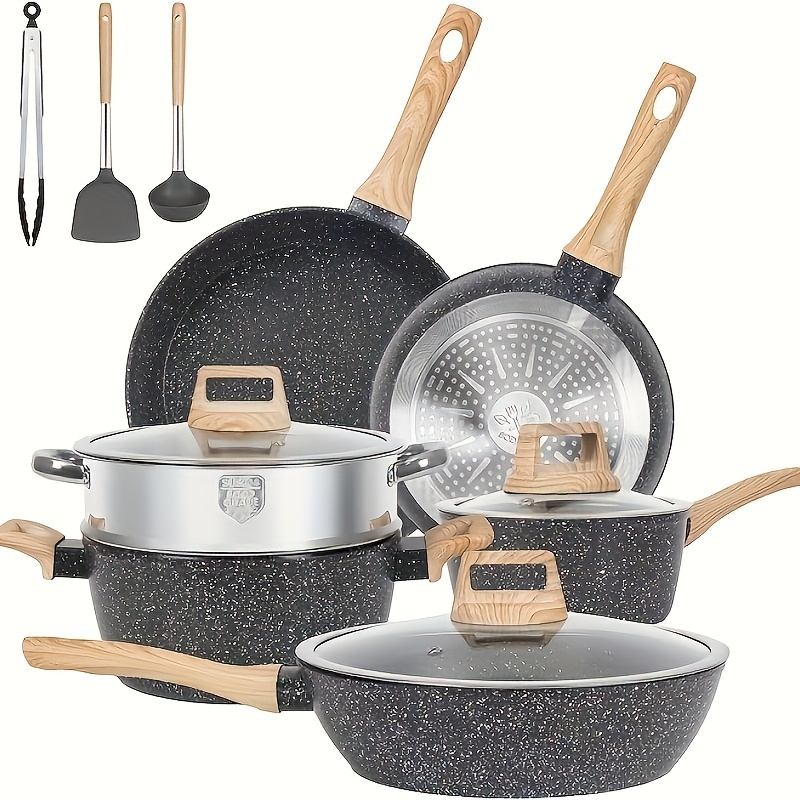 

12 Pots And Pans Set Cookware Set, Cookware Granite Cooking Set, Including Frying Pan, Pan, Steamer, Silicone Spatula And Tongs (black)