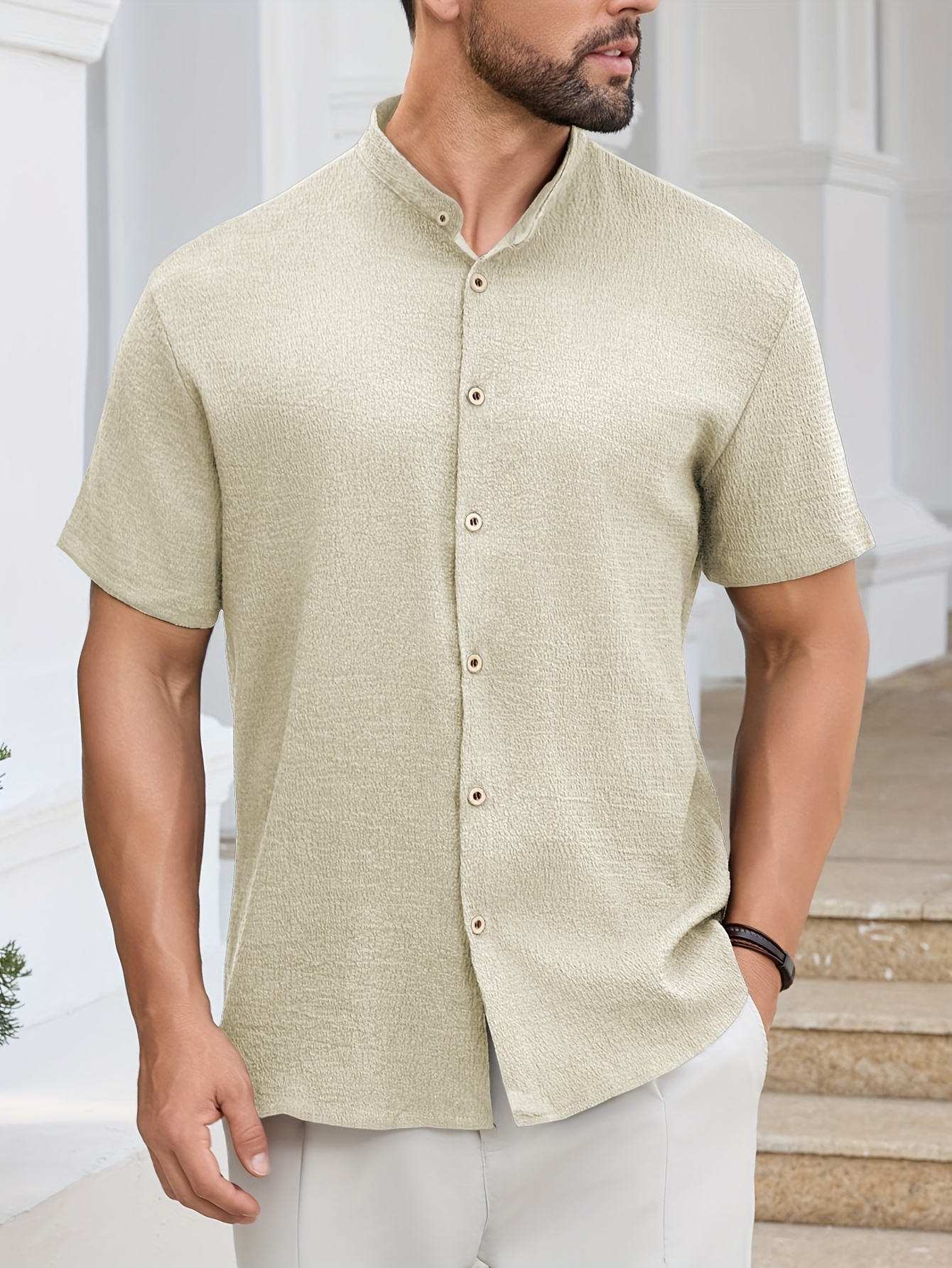 Men'S Lightweight Summer Casual Shirt - Solid Color Beige, Short Sleeve, Stand Collar, Button-Up, Breathable Woven Fabric for Outdoor & Weekend Wear, Relaxed Fit Shirt | Classic Collar Shirt | Durable Fabri