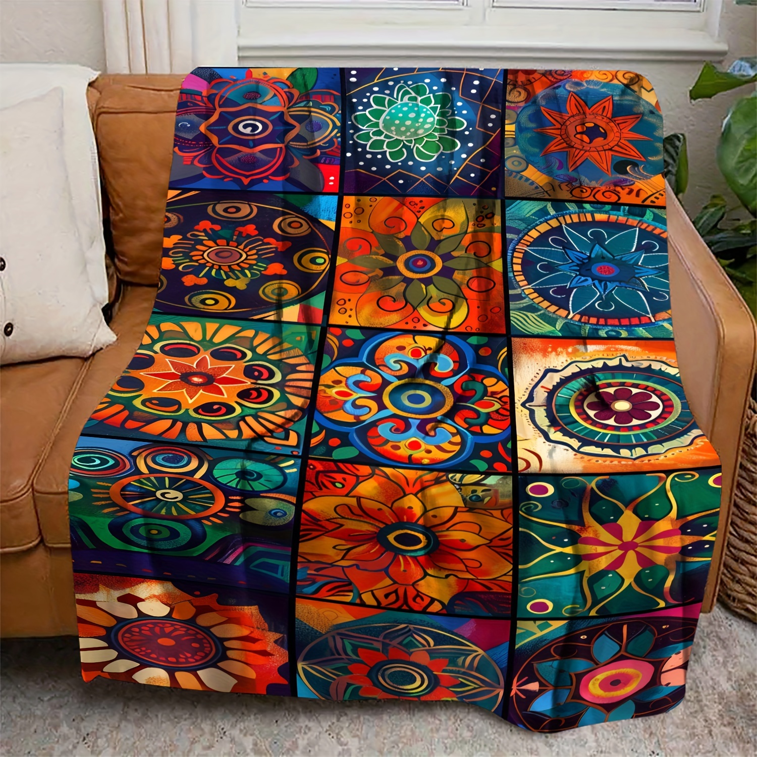1pc Of Soft Flannel Blanket With Spliced Mandala Pattern