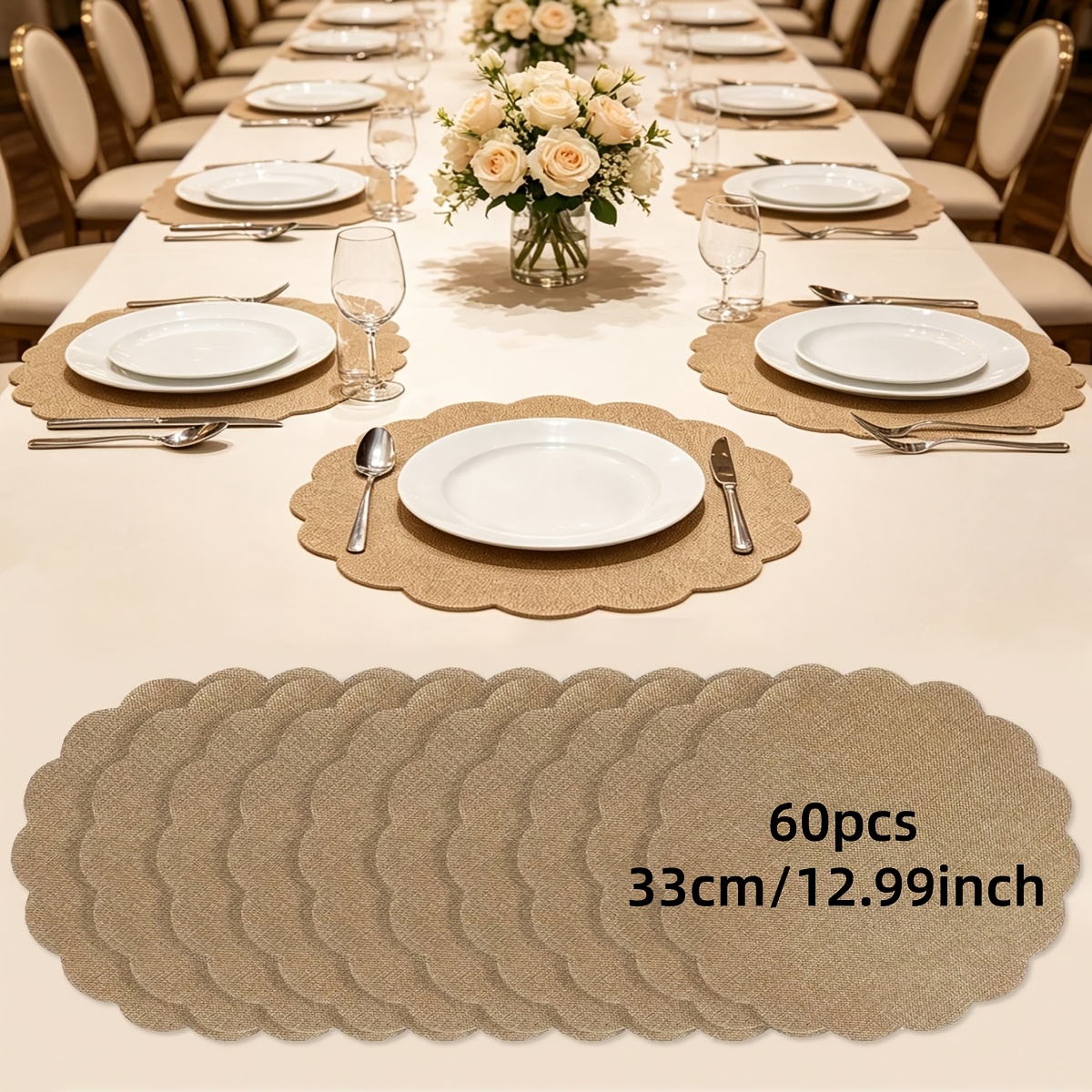 TEMU 26pcs/38pcs/60pcs Pack Burlap Placemats 12.99 Inches Reusable Natural Jute Material Floral Shape Linen Table Mats Bohemian Rustic Style Table