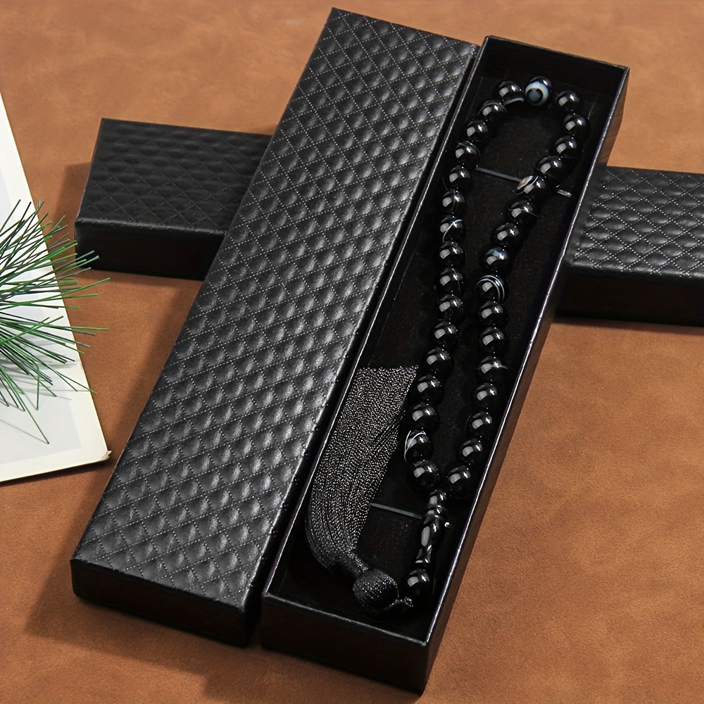 E-shop 33-Perlen 10mm Schwarzer Achat Misbaha Tasbih Gebetsperlen mit schwarzem Quasten-Anhänger, Muslimisches Gebetsarmband – Ideales Geschenk für Eid