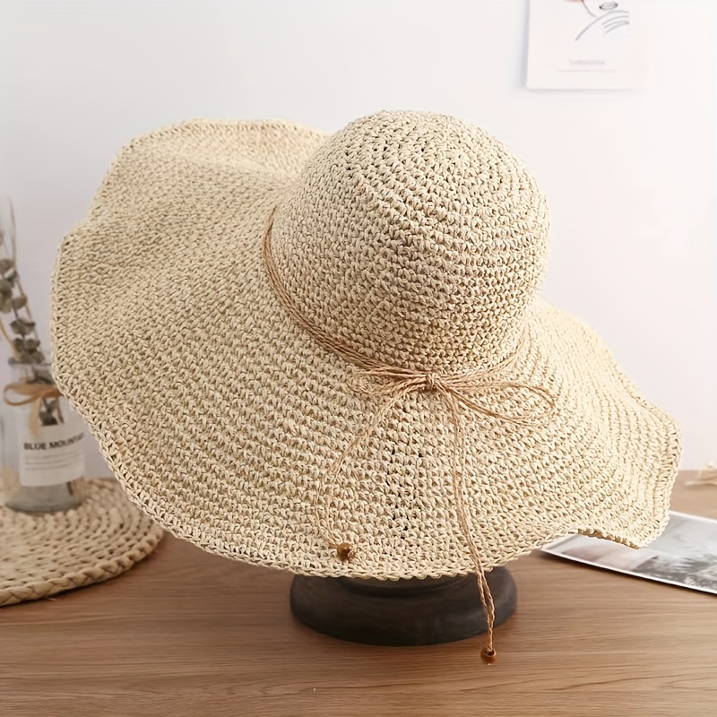 1pc Solid Color Straw Sun Hat Simple Foldable Wide Brim Summer Beach Sun  Protection Breathable Sun Hats Bow Decorative For Women