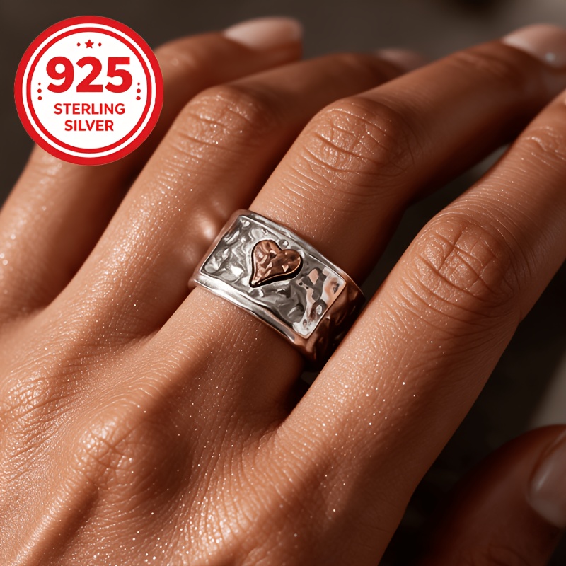 925 Silver Textured Heart Color-Block Geometric Ring