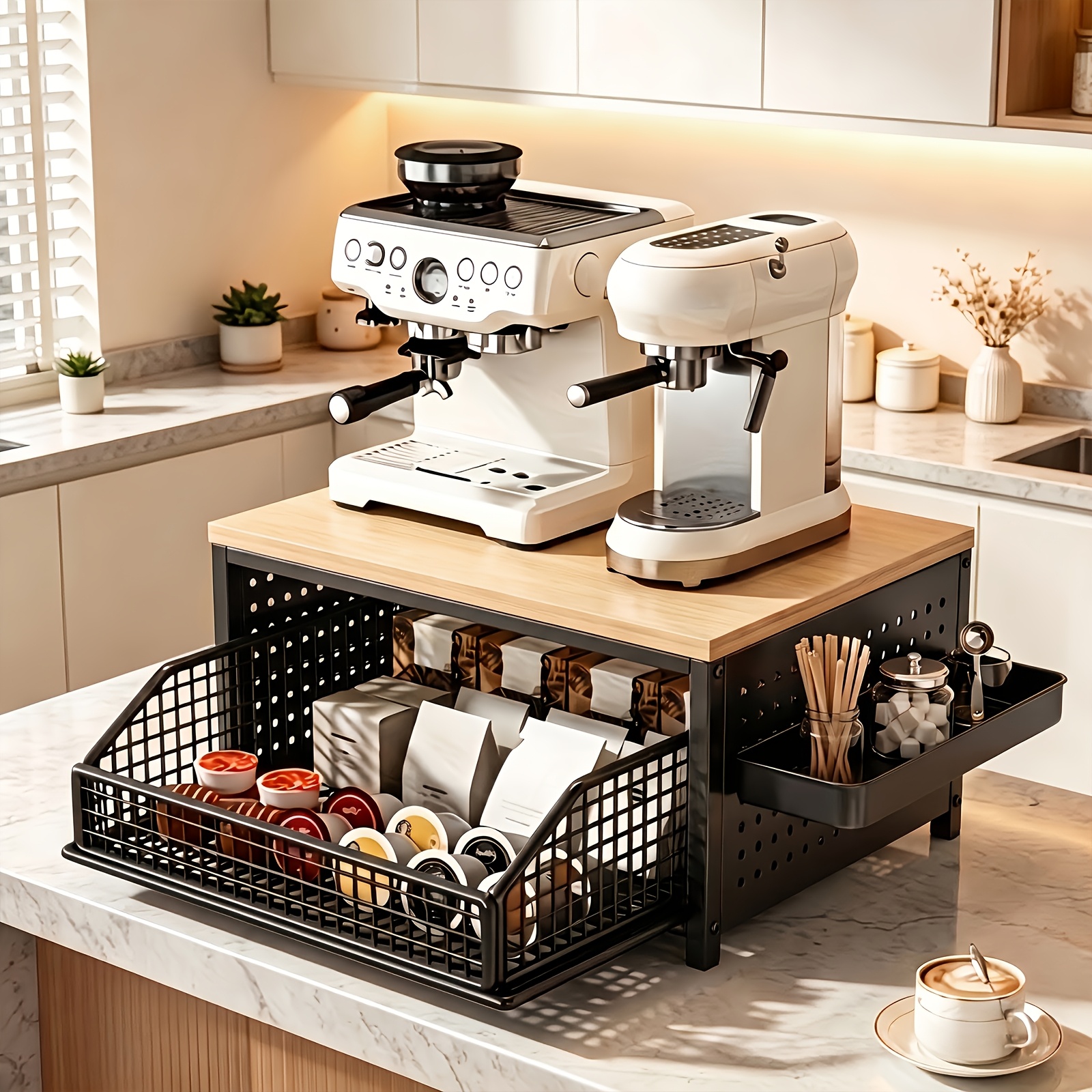 TEMU Heavy-duty Pull-out Storage | Sturdy Golden Metal 2-tier Storage Rack Space Saving Kitchen Counter Pull Out Organizer With Drawer And Golden