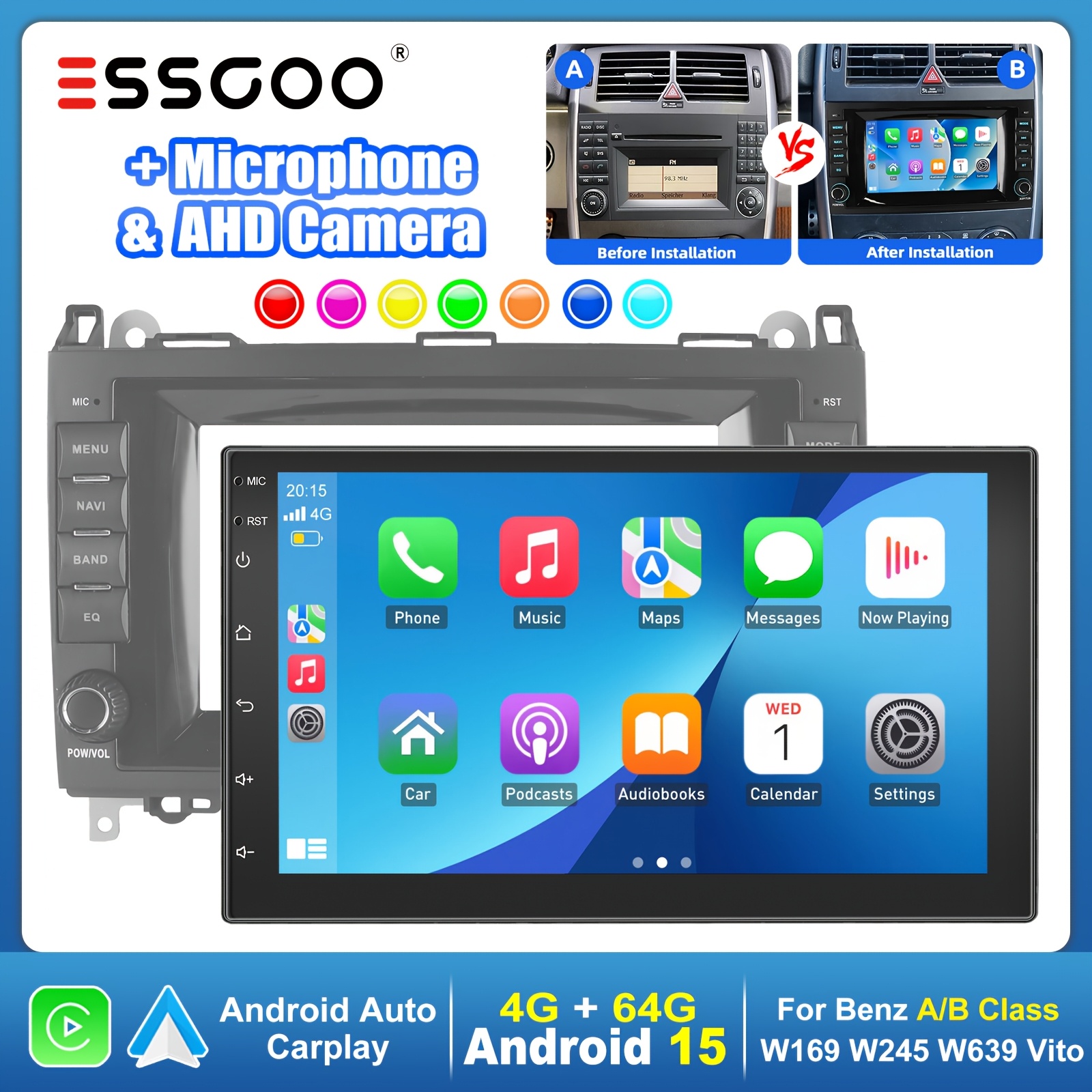 Essgoo 15 4+64g Radio For Benz W169, W245 Sprinter 3000 W906 Sprinter Car Stereo 7 Inch Ips Screen With Carplay, Auto, Gps/ Wifi/ Fm/ Rds/ / Colorful Buttons/ Canbus, With Extra Mic & Ahd