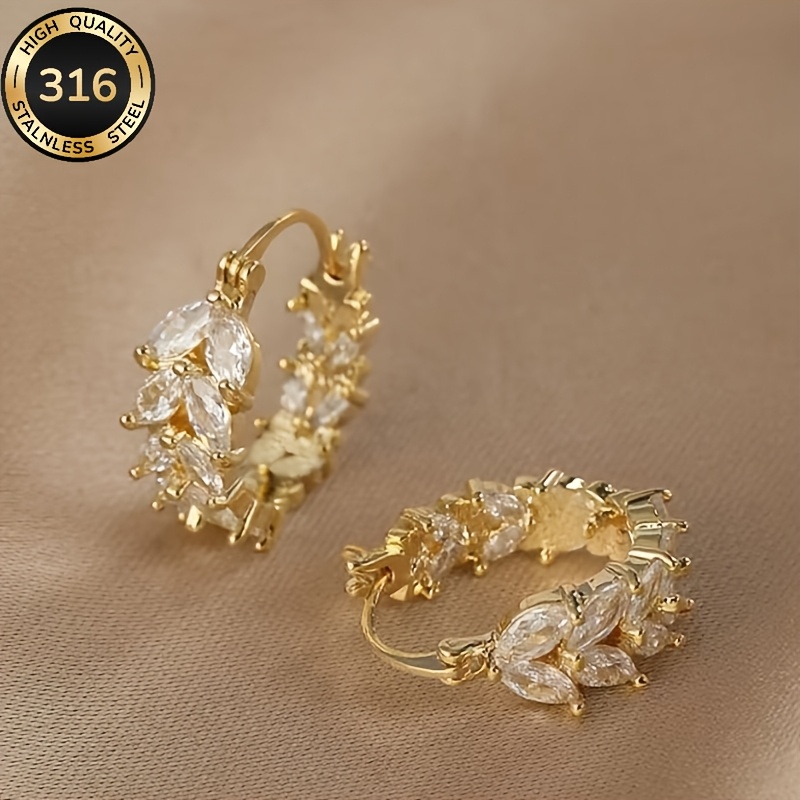 TEMU 1 Pair Of Elegant Wheat Ear Hoop Earrings Made Of 316l Stainless Steel And Decorated With Synthetic Zirconia, With An Design, Retro And