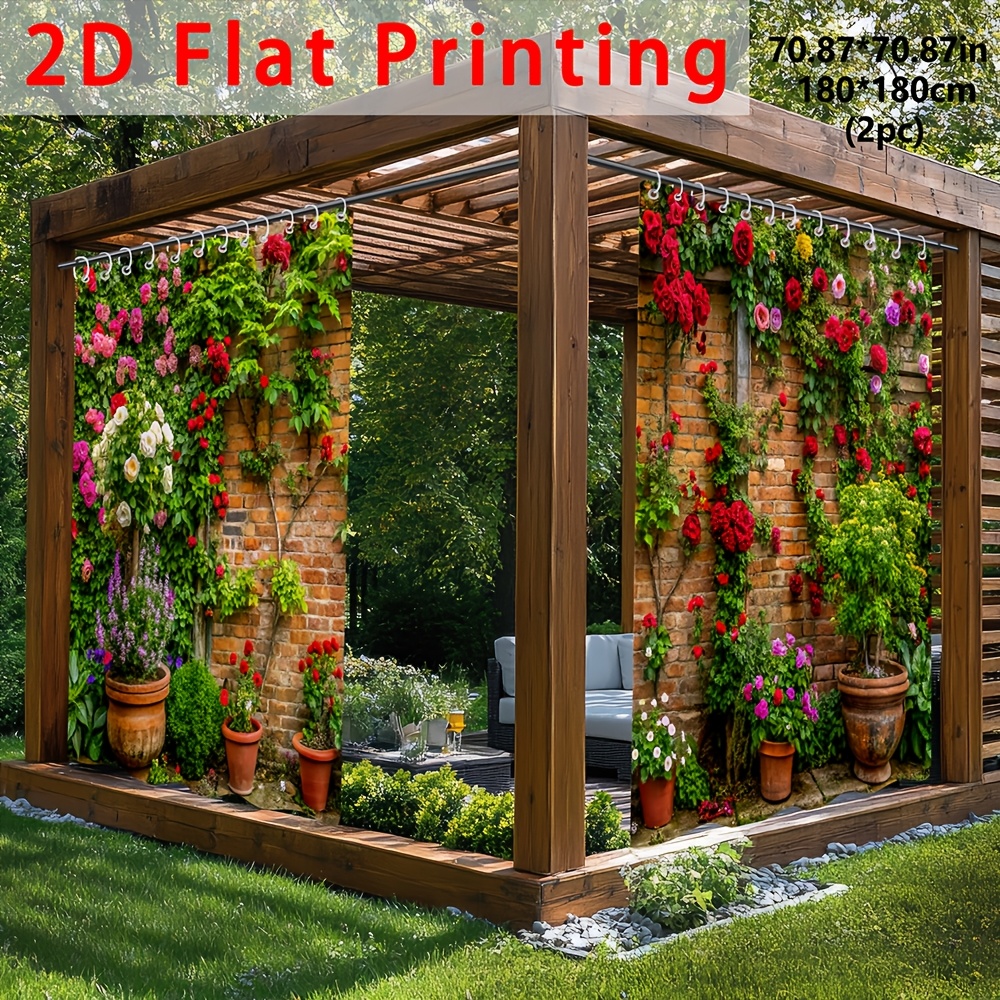 TEMU 2D Impression Plate 2pcs Rideaux d'Extérieur Motif Fleurs et Pots de Fleurs sur Polyester Durable Rideaux de Jardin Occultants pour Ombrage,