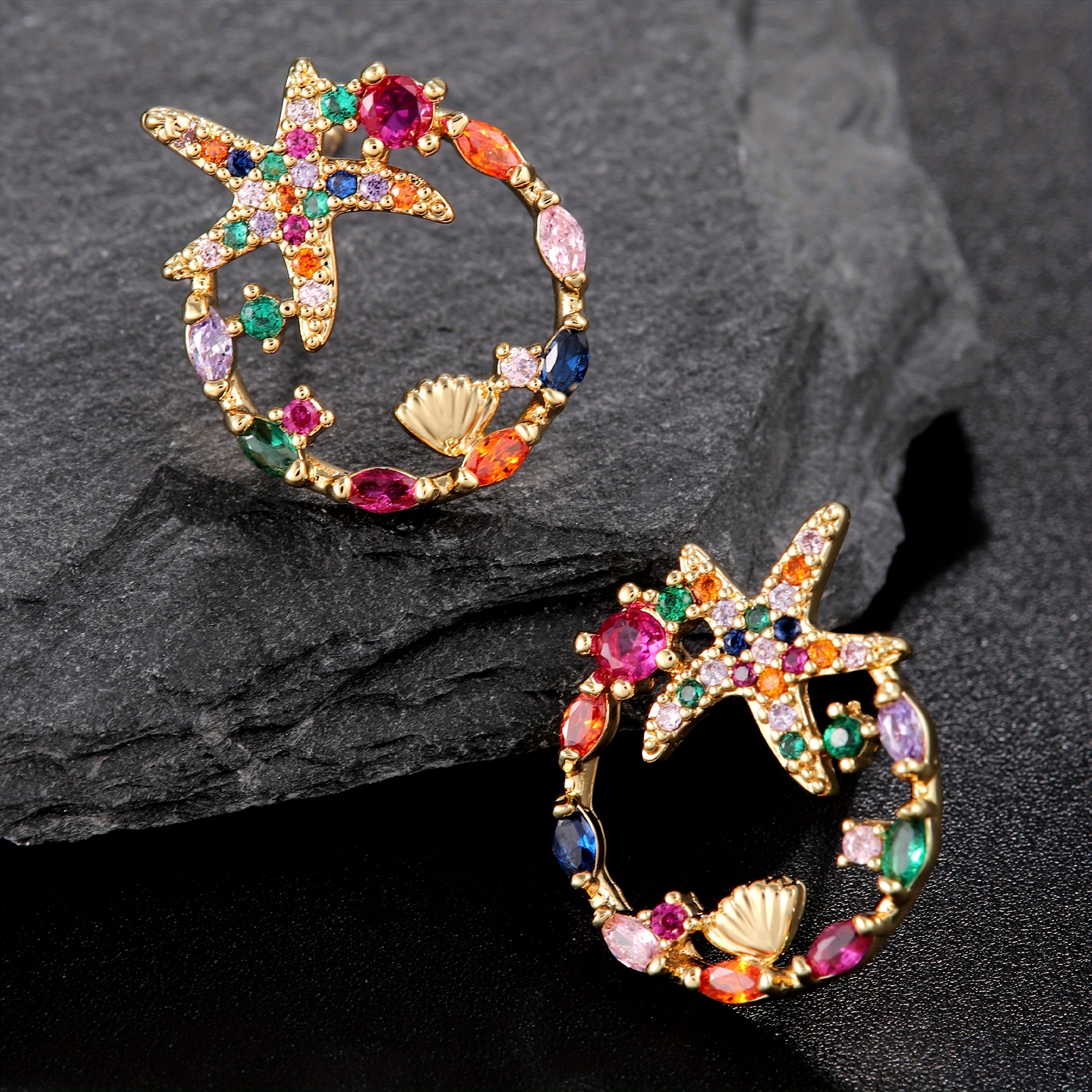 Image of 2pcs Of Copper Zirconia Gold-plated Ladies Starfish Shell Earrings, Fashionable And Versatile, Women's Earrings, Suitable For Daily Wear And Seaside Vacations, Holiday Gifts