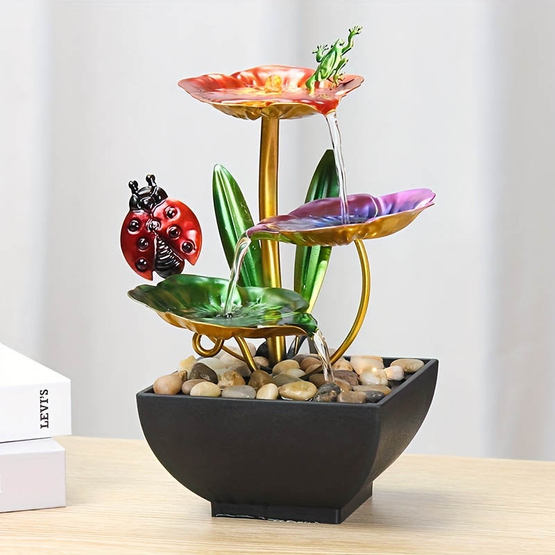 

Usb-powered 3 Tier Tabletop Fountain, Metal Pedals With Insects, Natural River Rocks, And Reflective Lighting! For Home And Office Decor, Housewarming Sculpture