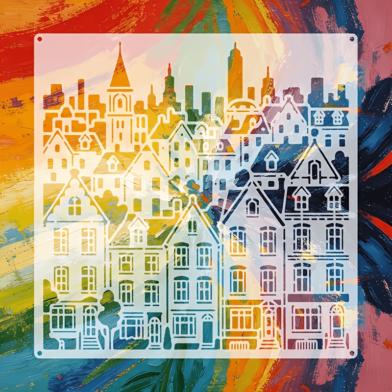 TEMU 1pc Of 30.0x30.0cm Washable And Reusable Painting Template, With A European Retro Town Architectural Theme Hollow Style, Featuring An Irregular