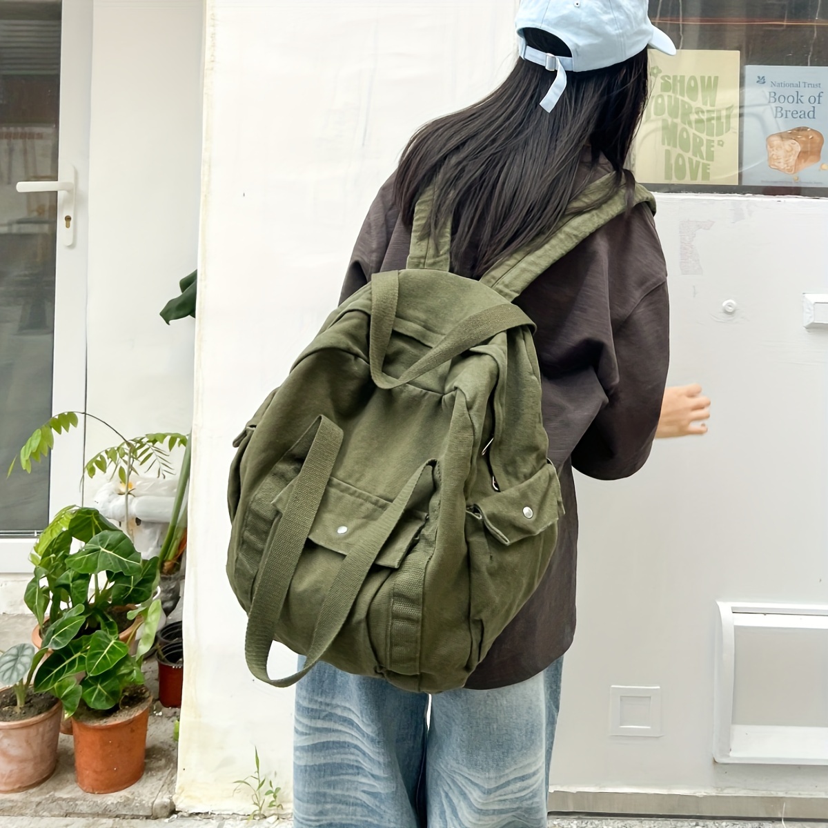 Image of Washed Fashionable Women's Casual Backpack, Multifunctional Women's Backpack, Student Backpack, Single Shoulder Bag, Multiple Pockets, Shopping Backpack, Women'