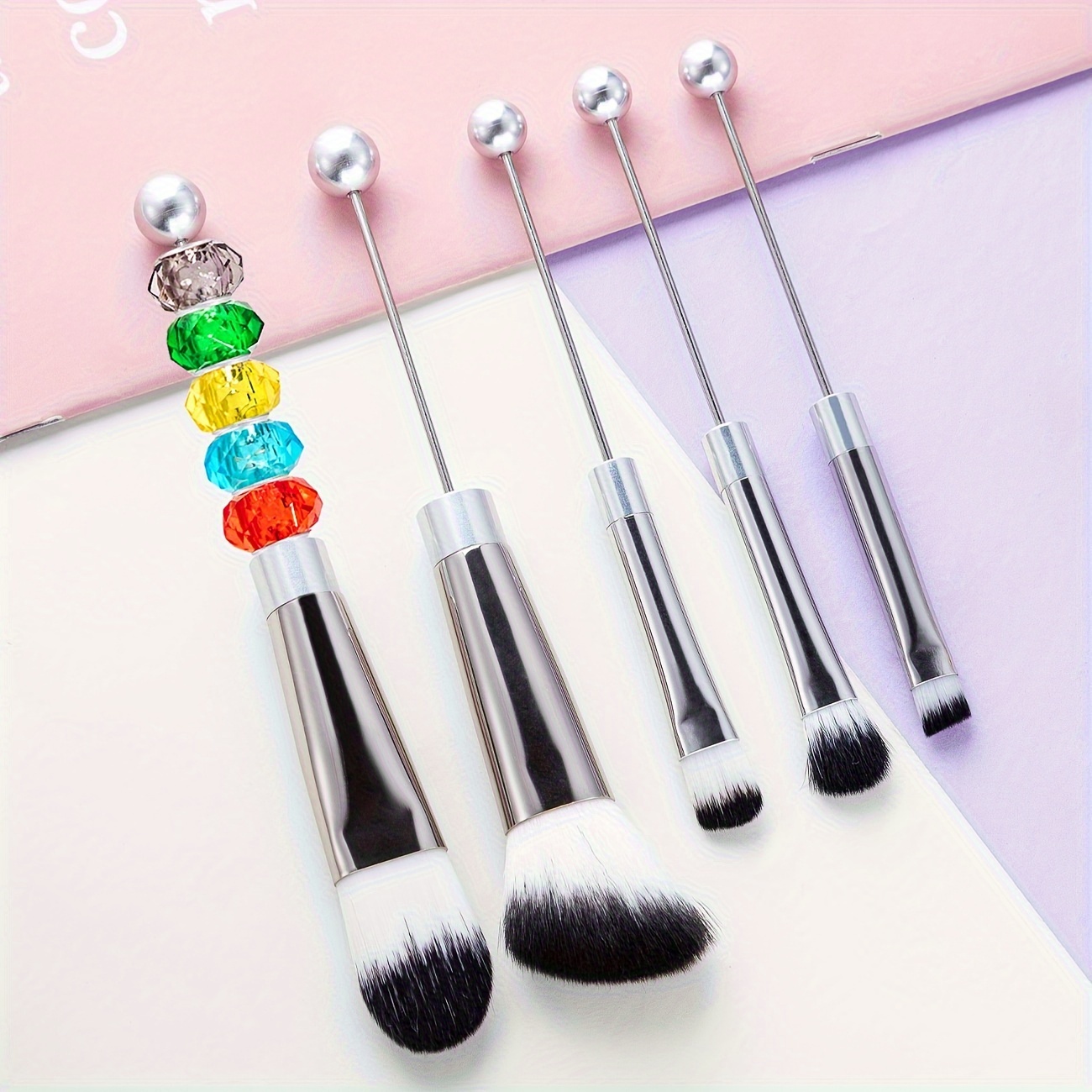 

5pcs, Diy Beadable Metal Handle Makeup Brushes Set, Synthetic Brushes For Face, Cheek And Eye Makeup, Cosmetic Tool Kit For Women
