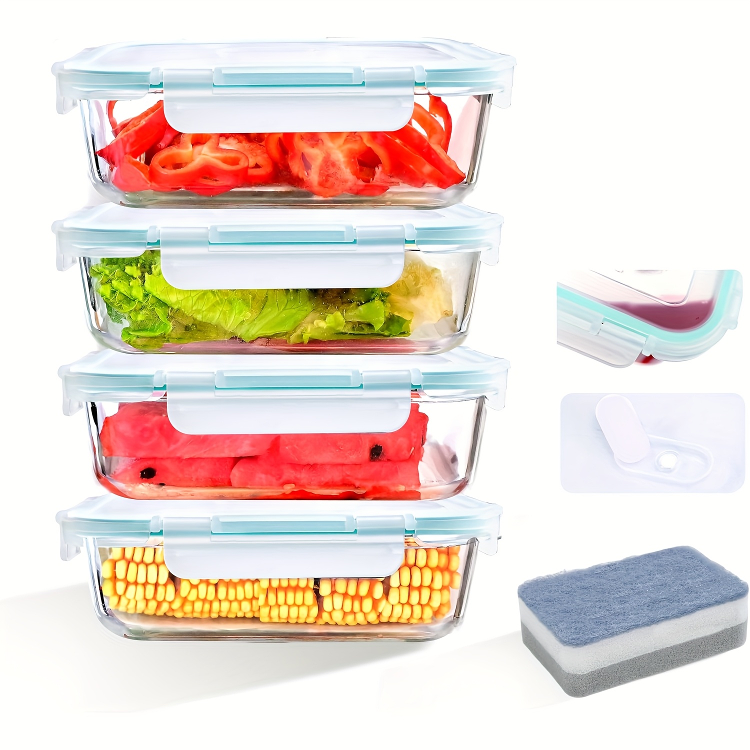 TEMU Saeiva Lunch Box Set Made Of Glass, Suitable For Office Use, Each Set Contains 4pcs Or 8pcs, Each With A Capacity Of 1040 Milliliters, With Blue