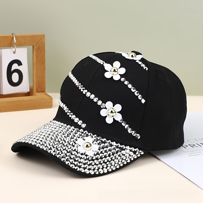 

Black Flower Baseball Cap For Women - Lightweight Adjustable Sun Hat With Sparkling Crystal Embellishments, Spring And Summer, Cap | Headgear | Polyester Fiber Cap