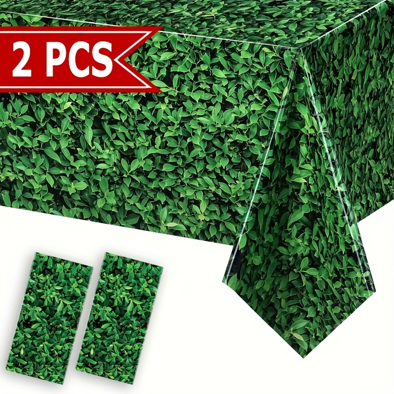 TEMU 2 Green Leaf-patterned Plastic Table Covers For Single Use - Featuring A Grass Wall Design, Perfect For Hawaiian-themed Celebrations, Including
