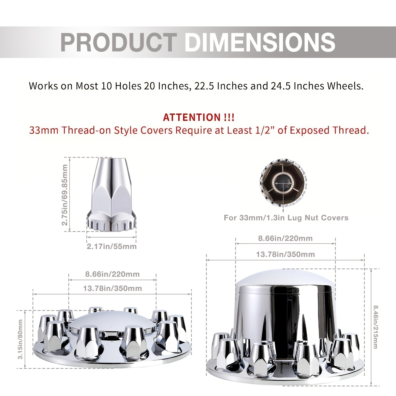 DOME AXLE COVER COMBO KIT WITH 33MM CYLINDER THREAD-ON NUT COVERS - CHROME