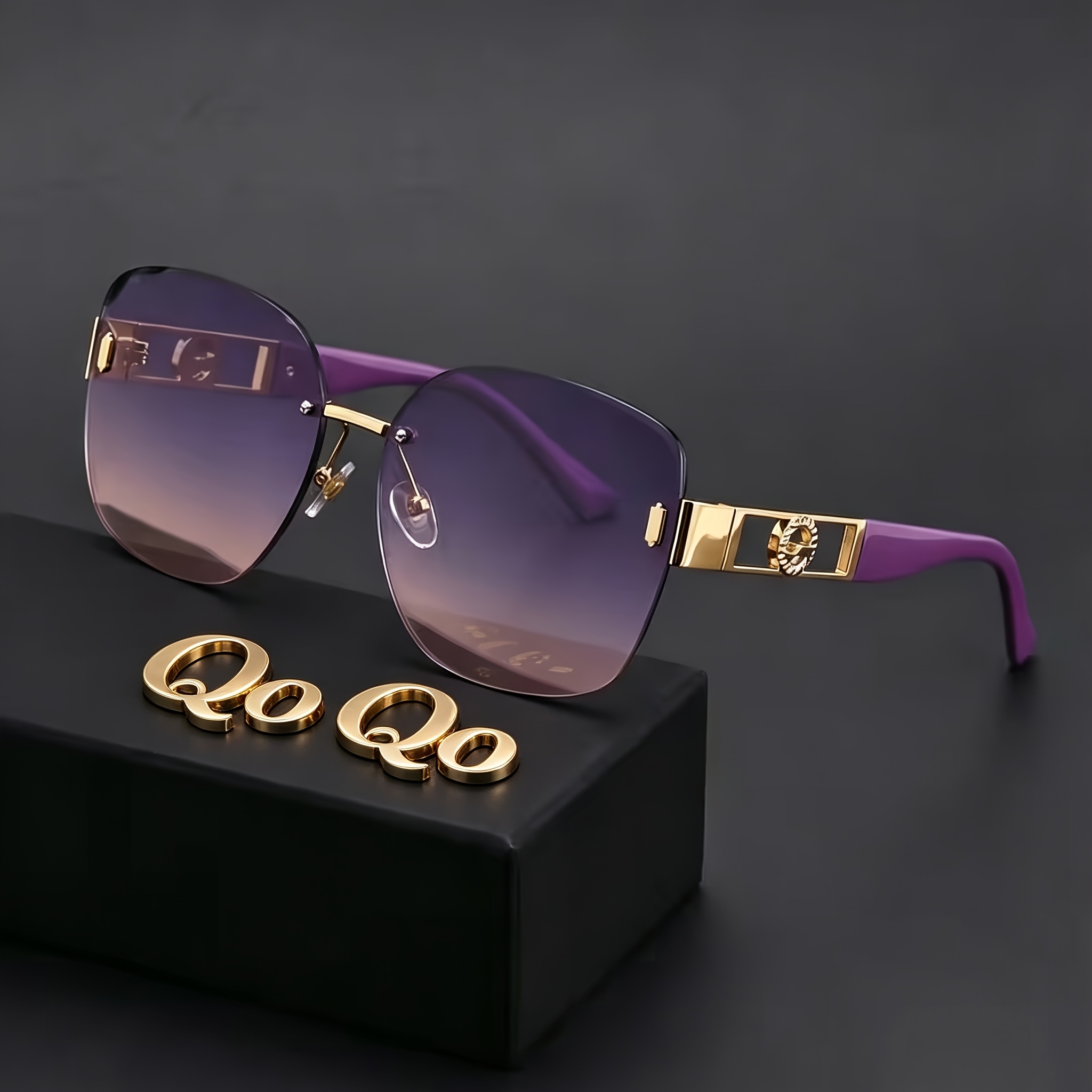 TEMU Elegant Women's Rimless Square-cut With Gradient Lavender Lenses, Soft Matte Purple Curved Temple Tips, Perfect As A Birthday, Valentine's,