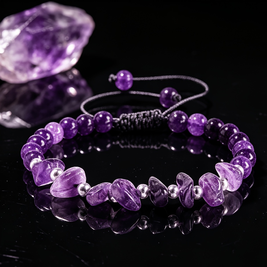 TEMU Hand-woven Adjustable Amethyst Bracelet - Unique Irregular Shape, Purple Bohemian-style Bracelet With Steel Beads, An Elegant And Versatile