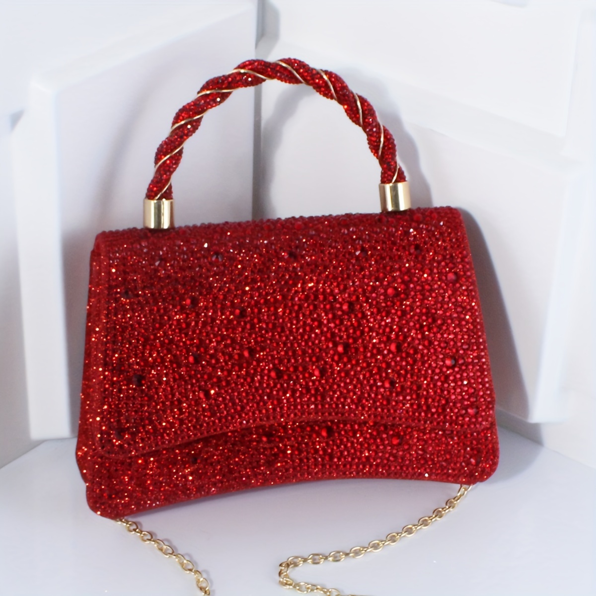 TEMU Elegant Rhinestone Evening Clutch Bag For Women - Sparkling Dinner Handbag With Braided Handle, In Multiple Colors, Perfect For Parties And