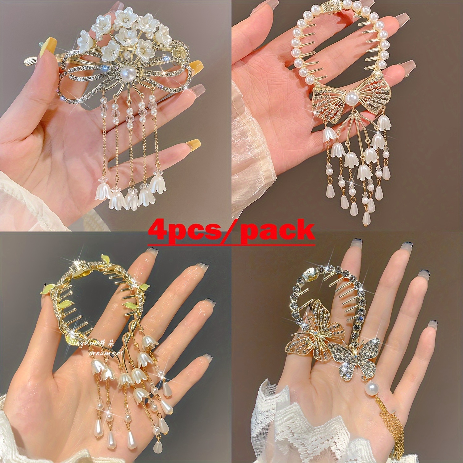 TEMU 4pcs Alloy Pearl Tassels Flower Ponytail Clip, High Ponytail Bun Hair Clip, Sweet And Cute Hair Clip, Good Gifts For Girsls For Christmas